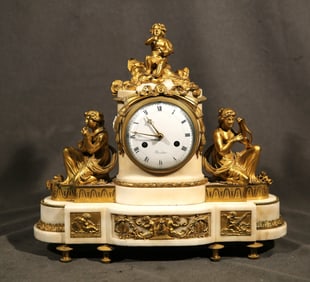 French Louis XVI Style - Gilt Bronze and Marble Mantel Clock