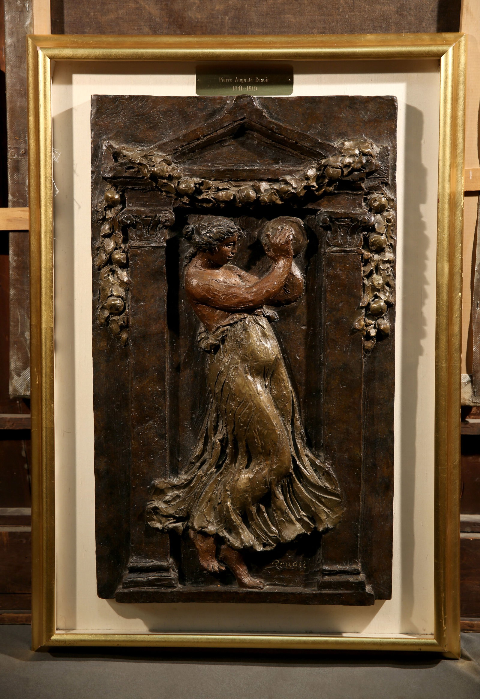 Woman with Tambourine - Renoir Bronze Plaque: Renoir bronze plaque 29.5" x 17.2/3" frame: 37" x 26" woman with tambourine