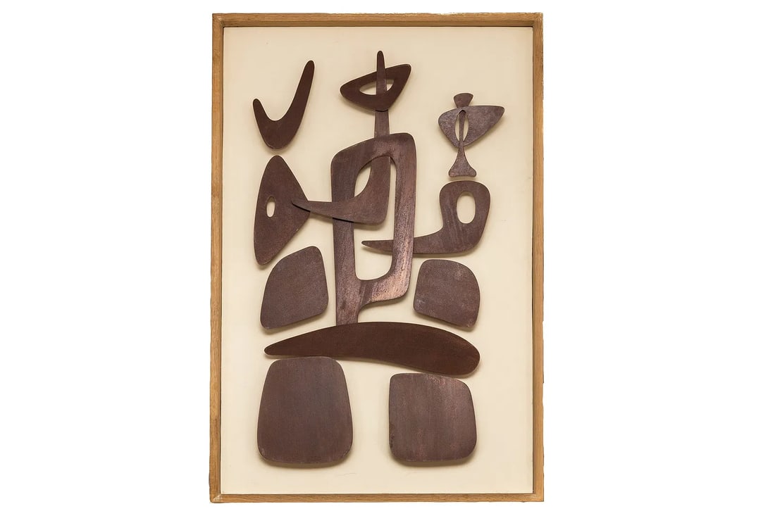 Abstract Wall Sculpture - Antonine de Saint Pierre: This artwork by Antonine de Saint Pierre is a striking example of mid-20th century abstract wall sculpture. Measuring 49 _ inches in height and 33.5 inches in width, it presents a dynamic composition