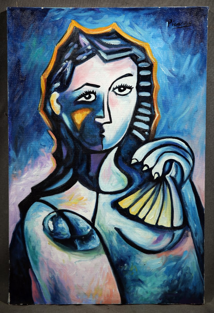 Portrait of Woman - After Picasso: Picasso oil on canvas 23.5"x15.75" Portrait of woman from the Collection of Mr & Mrs Leigh B Block. Chicago Illinois Stamped ON BACK from Musee d'Orsay