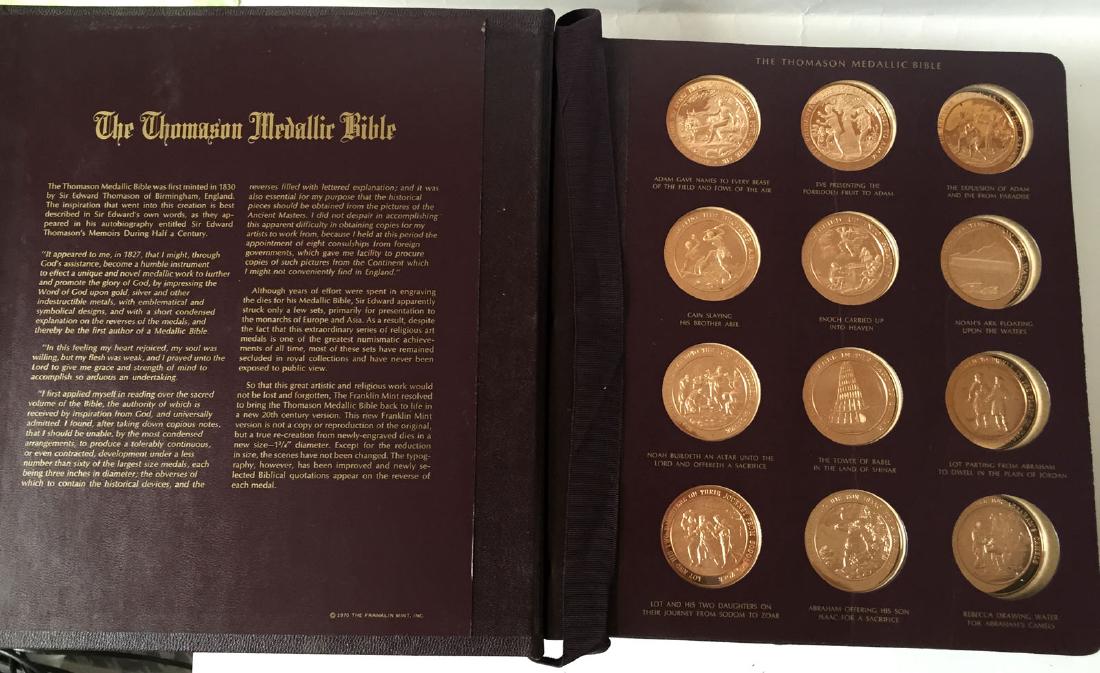 The Thomason Medallic Bible Franklin Mint. This book: The Thomason Medallic Bible Franklin Mint. This book contain 60 Solid Bronze Medals.?Complete set in binder. Issued in 1970. Book measured 11 1/4" x 10 1/4" x 2". Medals are very detailed in satin and