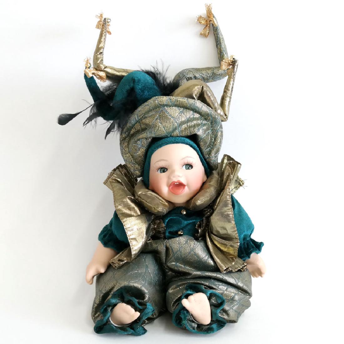 Mardi Gras porcelain big CLOWN DOLL in hat with bells (1 of 3)