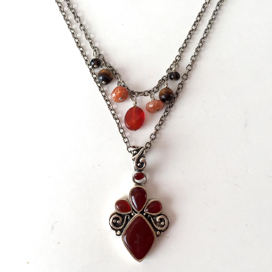 BARSE: Sterling silver 2 strands necklace with: BARSE: Sterling silver 2 strands necklace with multicolor genuine dangling stones on one chain and carnelian cabochons pedant on another, signed. Weight 21.4 grams. Hallmarked 925. Length 17" plus 2" 