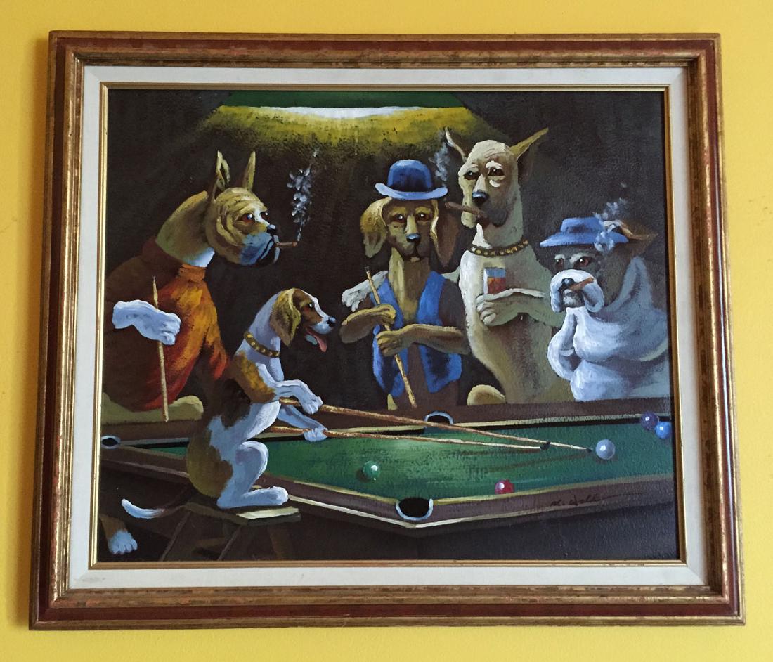 Oil in canvas reproduction painting "Dogs playing: Oil in canvas reproduction painting "Dogs playing pool"?in wood frame. Measured with frame 29" x 25". Condition very good.