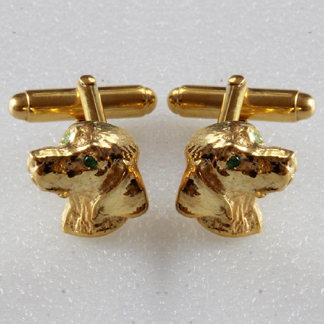 Dog head cufflinks Sterling silver GP green tzavorite: Dog head cufflinks Sterling silver gold plated with green tzavorite eyes. Nice gallery from back sides to show high quality workmanship. Tzavorites (garnets) are round faceted earth mined green color