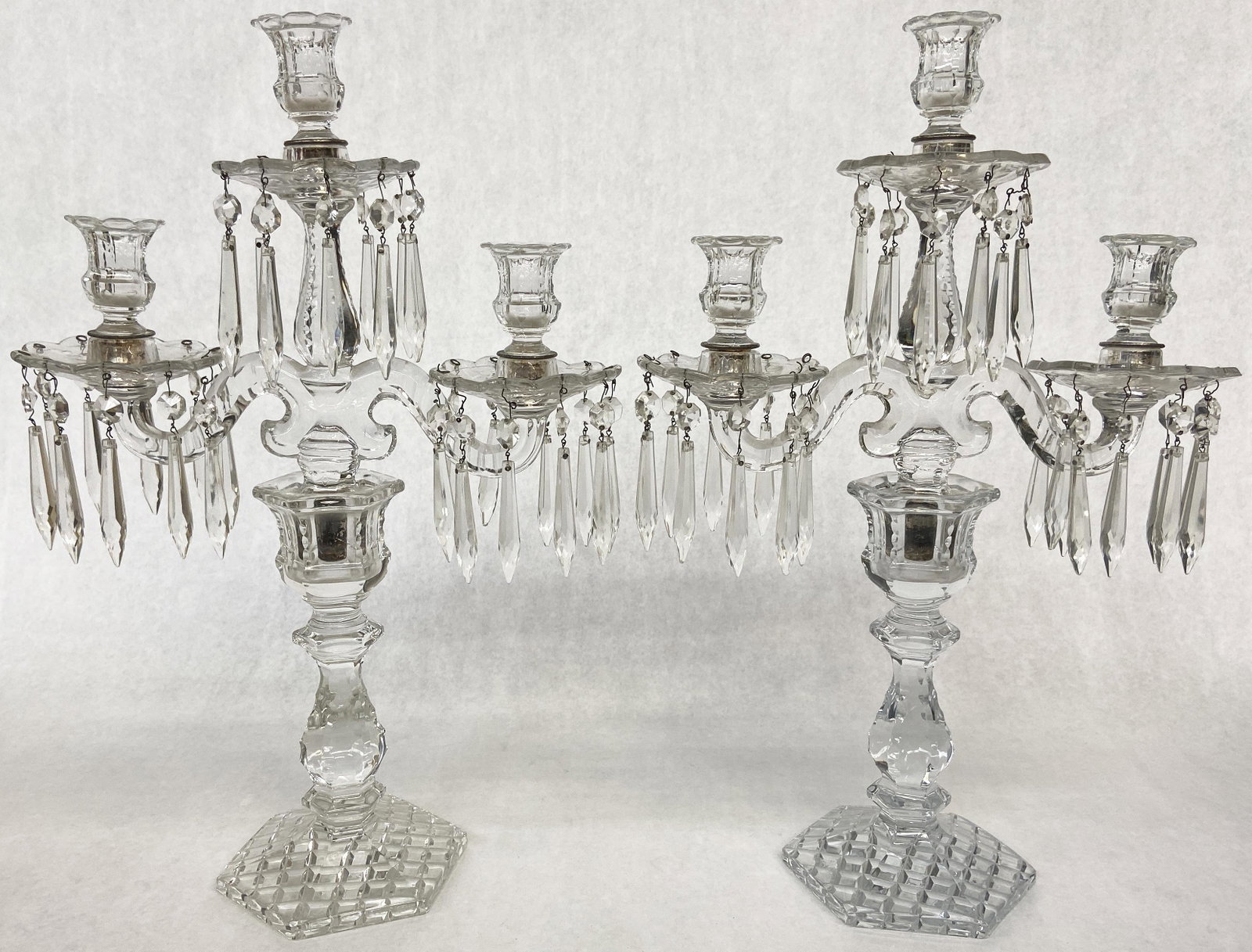 Pr. of Baccarat-Style Glass Candelabra.: These Measure 20" tall. With Crystal Prism Dangles.