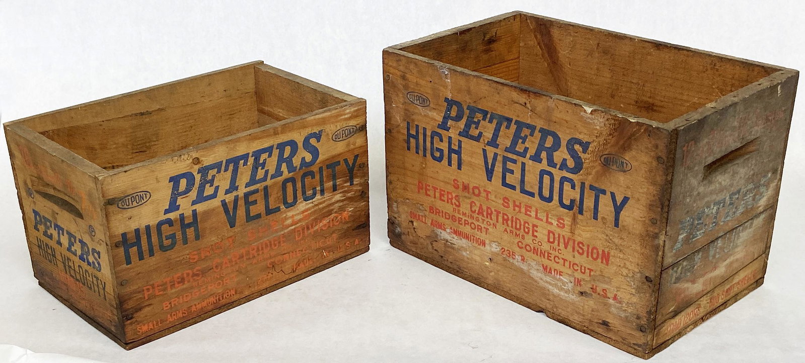 Lot of 2 Vintage Ammunition Crates.: Both are Distressed. The Larger Crate measures 10 1/2" tall, 16 1/2" wide, and 10" from front-to-back. The smaller crate measures 8" tall, 14" wide, and 8 3/4" from front-to-back.