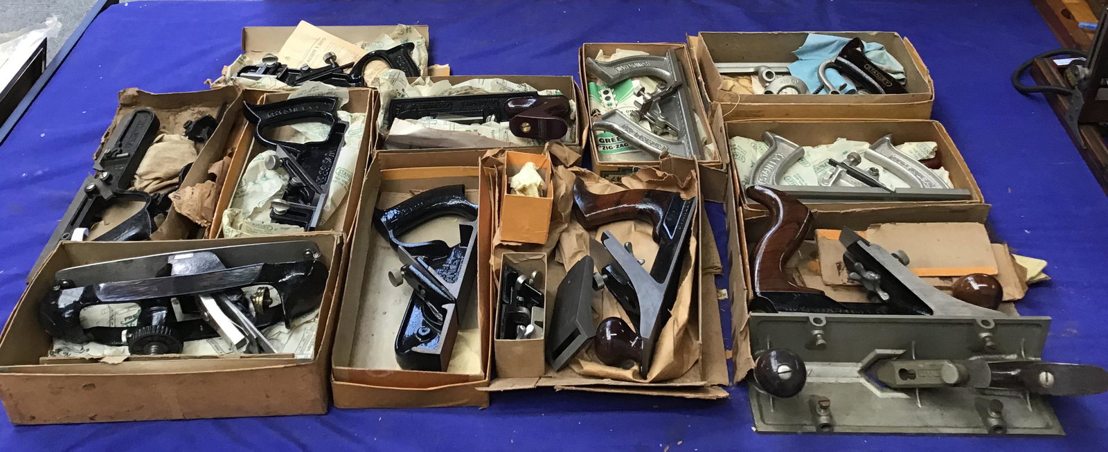 Lot: 12 Vintage Unused Stanley Planes.: The Tools are in Excellent Condition - Many Never Used. Most w/Original Boxes in Brittle to Varying Conditions. #248, #39 3/4", #39 3/8", #148 7/8", #57, #191, #20, #72, #147 5/8", #72, #50, #194.