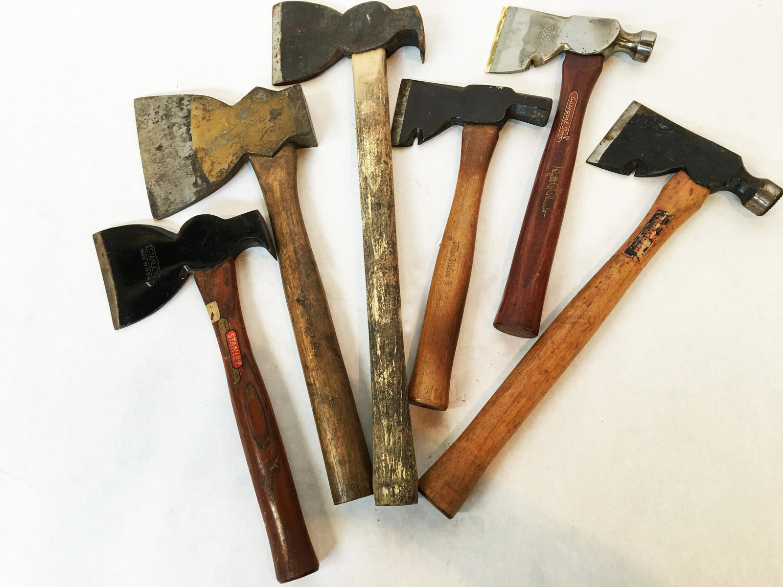 Lot of 13 Pcs: 11 Vintage Axes & 2 Vintage Hammers: Includes: A 15 Oz. & 24 Oz. Plumb Hammer. Hand Axes include: A True Value Axe, A Stanley Axe, A Germantown Axe, An American X Axe, A Vaughan Axe, A Plumb Sport Axe, A Plumb Autograph Tools Axe, and 4 