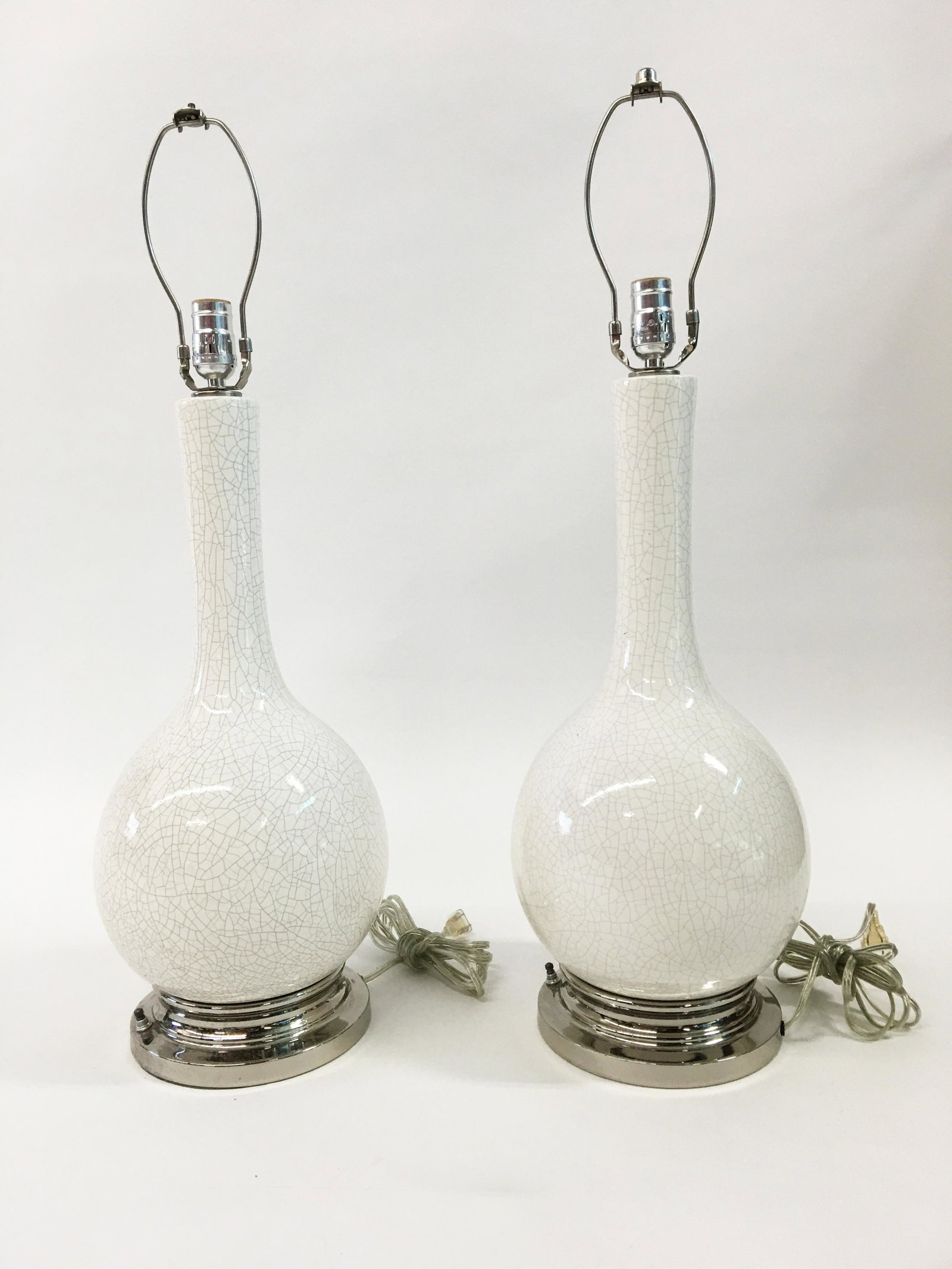 Pr. of Modern Pottery Bulbous Lamps.: With Chrome Bases. The Pottery Portion has Crackleture, which is Intentional, and Part of the Design. They Work. These Measure 30" Tall from Base to the Top of the Harp.