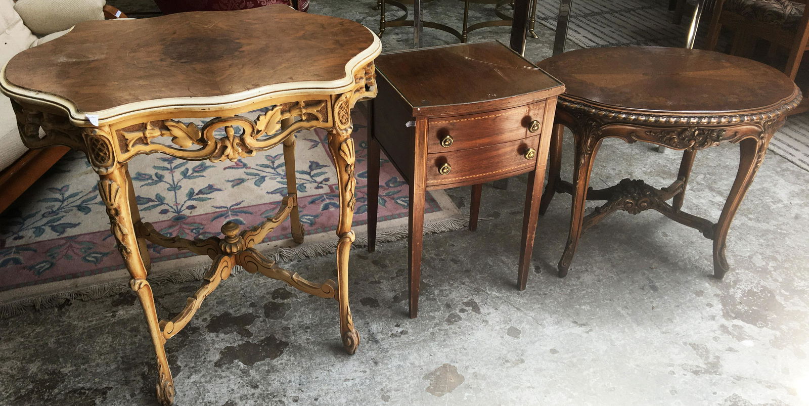 Lot of 2 French Antique Tables & One Stand.: The Stand is in Pretty Rough Condition, and the Tables are in Fair Condition, with Some Wear. The Larger Table Measures 31" Wide by 29" High. The Smaller French Table Measures 28 1/2" Wide by 22" High