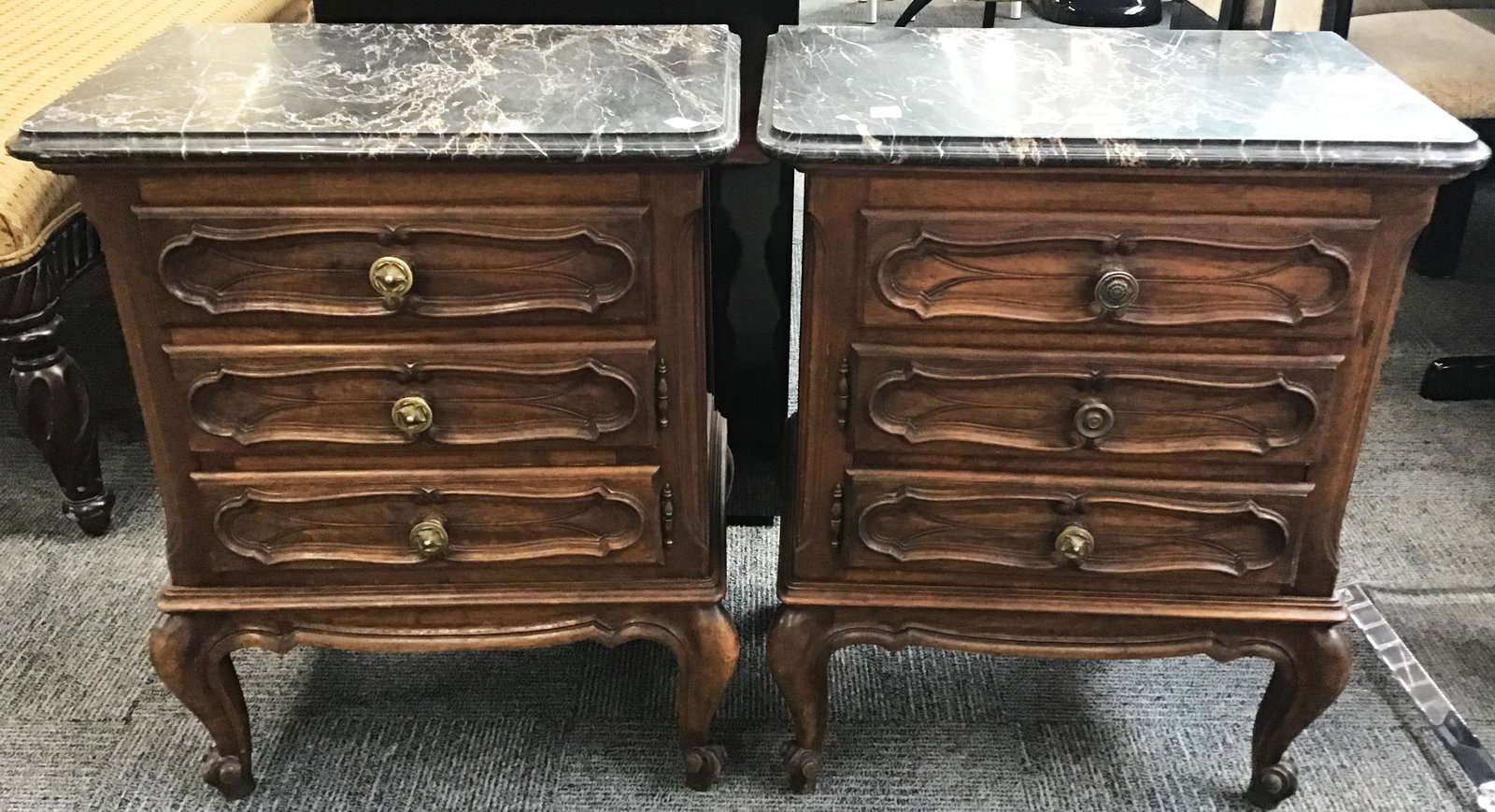 Pair of Vintage Marble Top Night stands.: French Carved. Each w/1 Drawer and 1 Door. Each tagged MOBILI BAROVERO TORINO.
