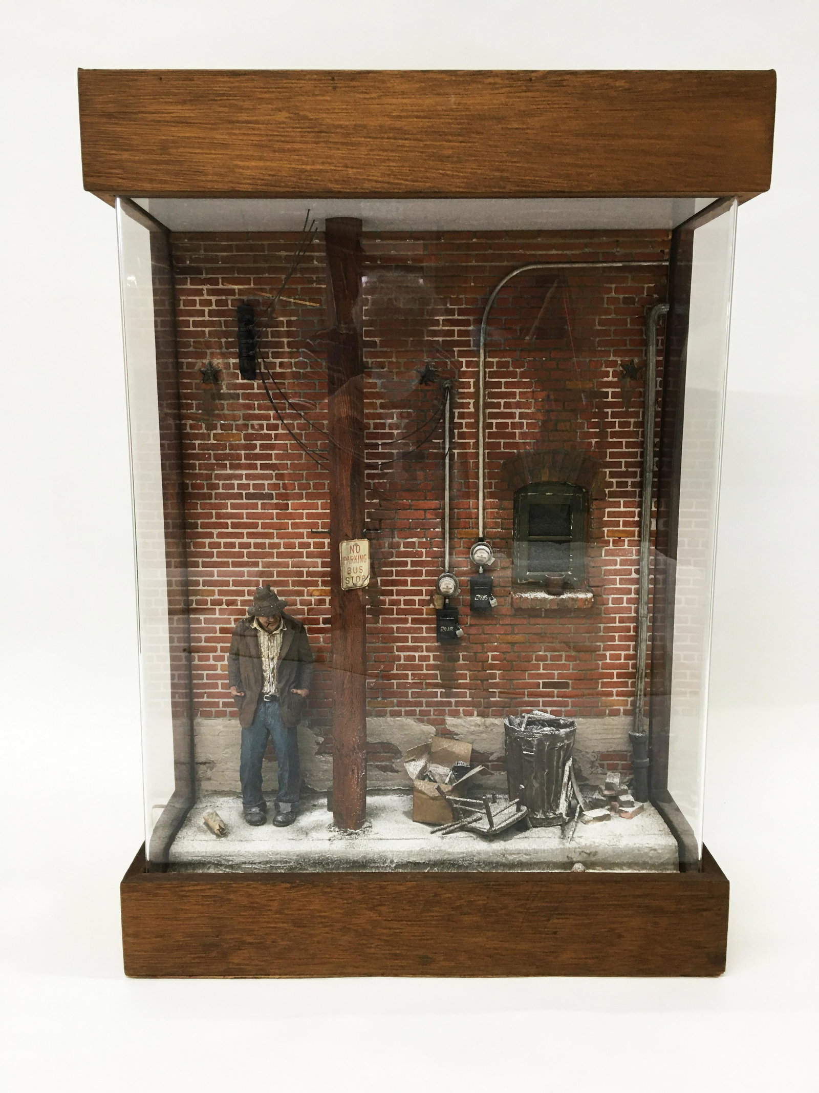 Large Michael Garman Diarama In Case.: Plugs in and lights up. "First Snow", featuring tramp/hobo standing in an alley. Unsigned. 34.5 x 24.5 x 12 inches. Third-Party Shipping Required.