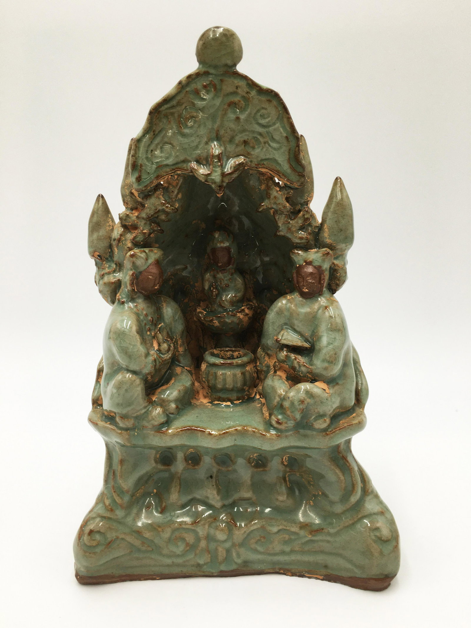 Old Asian Celadon Glazed Pottery of Grotto Group.: 10.25 inches tall.