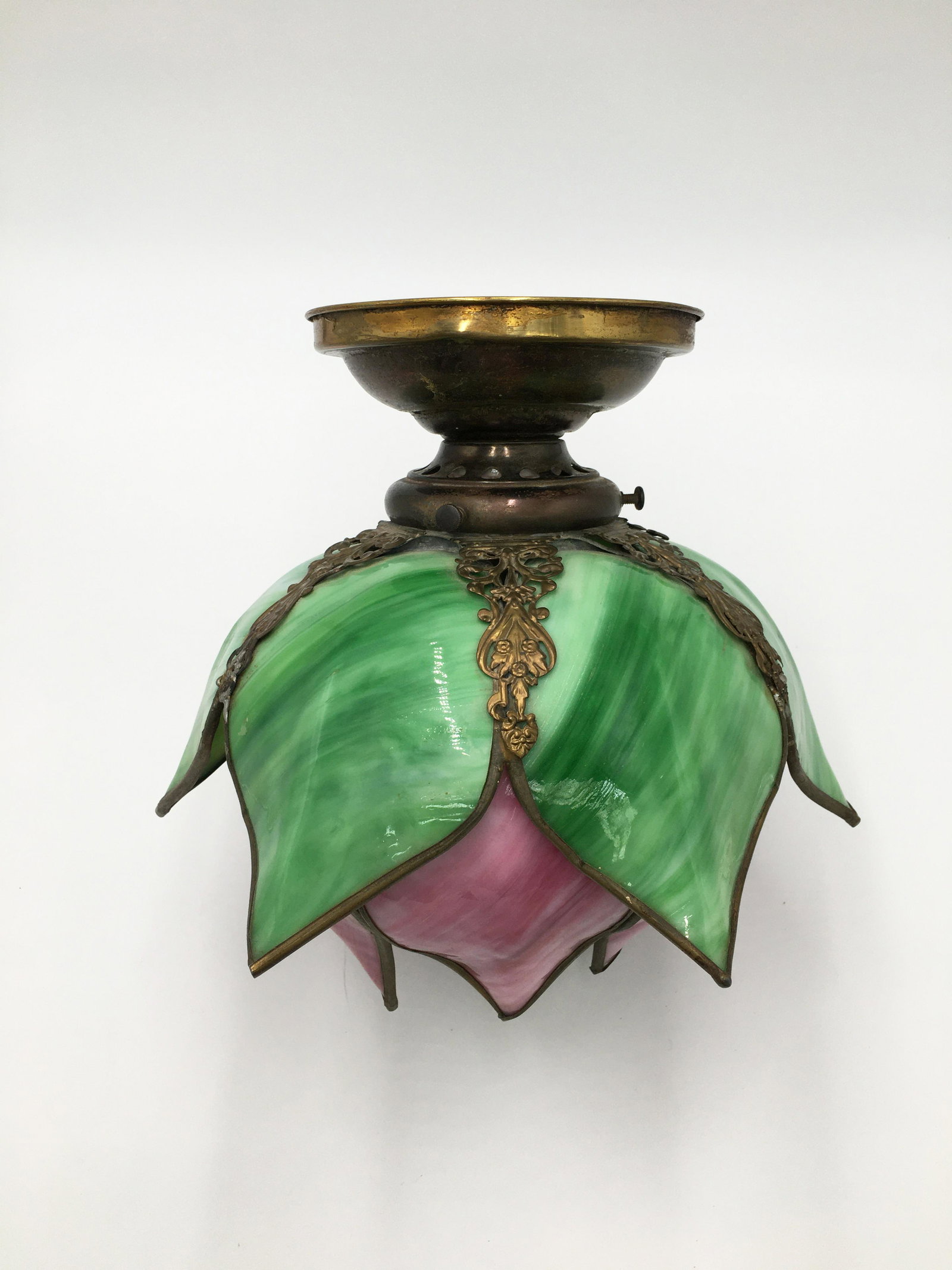 Antique Panel Glass Tulip Shade.: On flush mount fitter. In the manner of Handel. 11" tall.