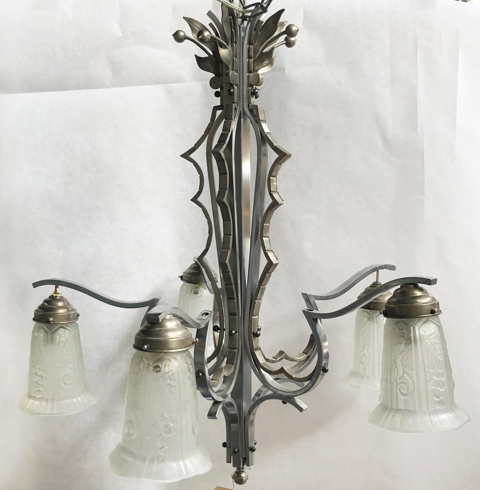 French Art Deco Light Fixture.: With Frosted Glass Shades (2 Fitters are Loose - Hanging). Fixture Portion Measures 26 1/2" Long. Third-Party Shipping Required.