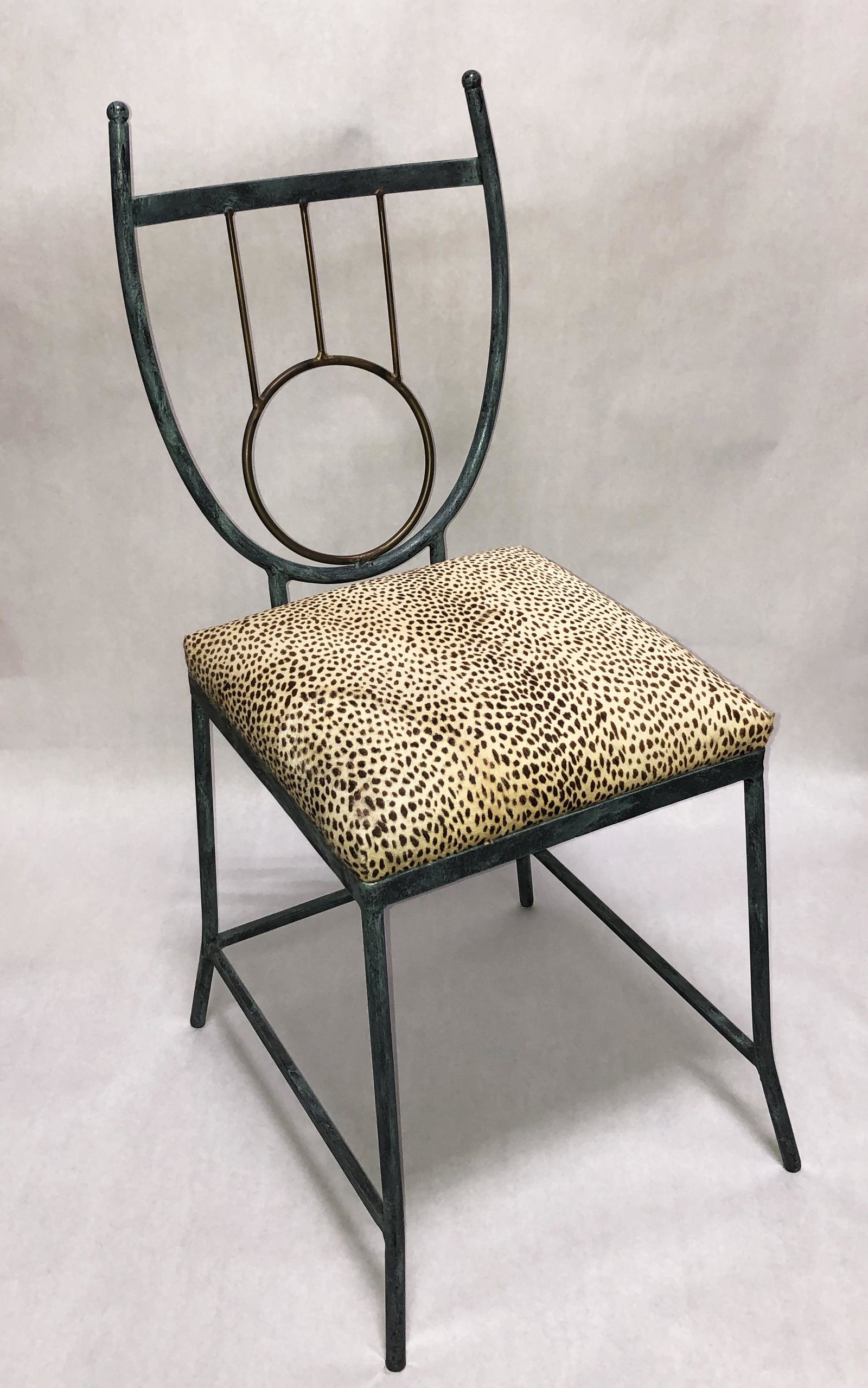 Mario Villa Side Chair w/ U-shaped Back.: Metal frame, cheetah-dyed cowhide upholstery. Third-Party Shipping Required.