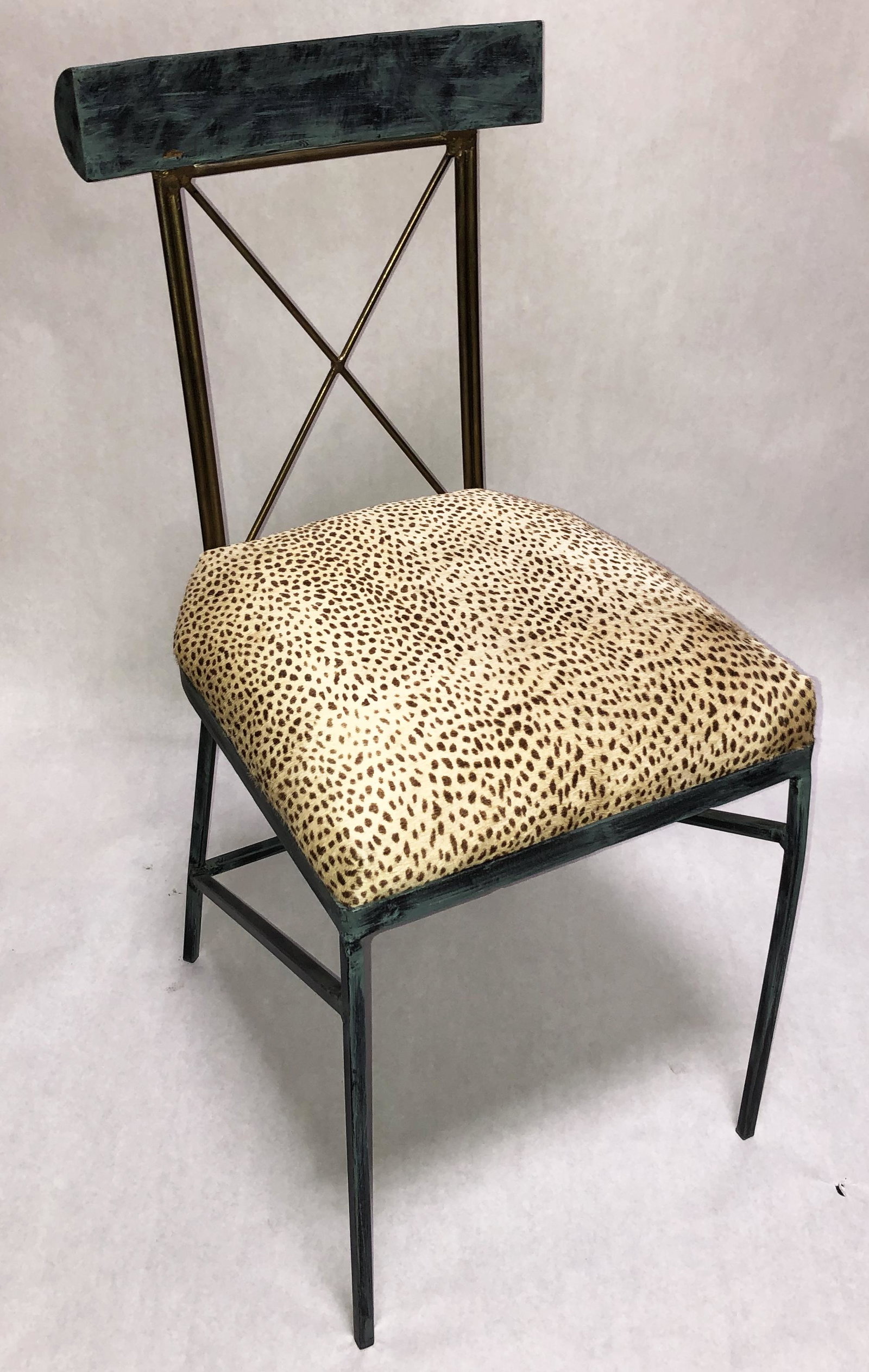 Mario Villa Side Chair w/ X-Design Back.: Metal frame, cheetah-dyed cowhide upholstery. Third-Party Shipping Required.