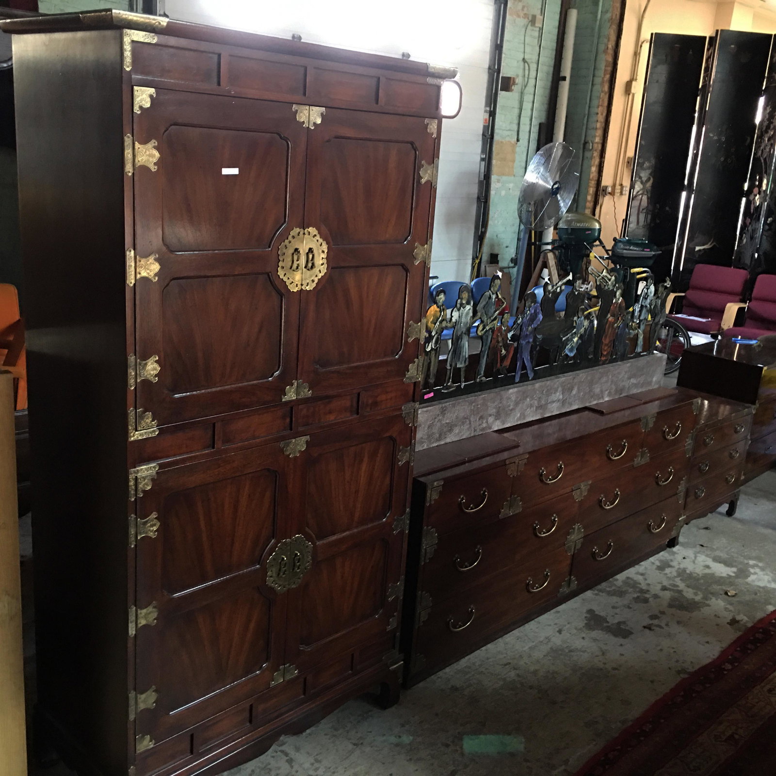 3 Pc. Henredon Oriental Campaign Bedroom Set.: Consists of a Dresser, Nightstand, Hutch. Third-Party Shipping Required.