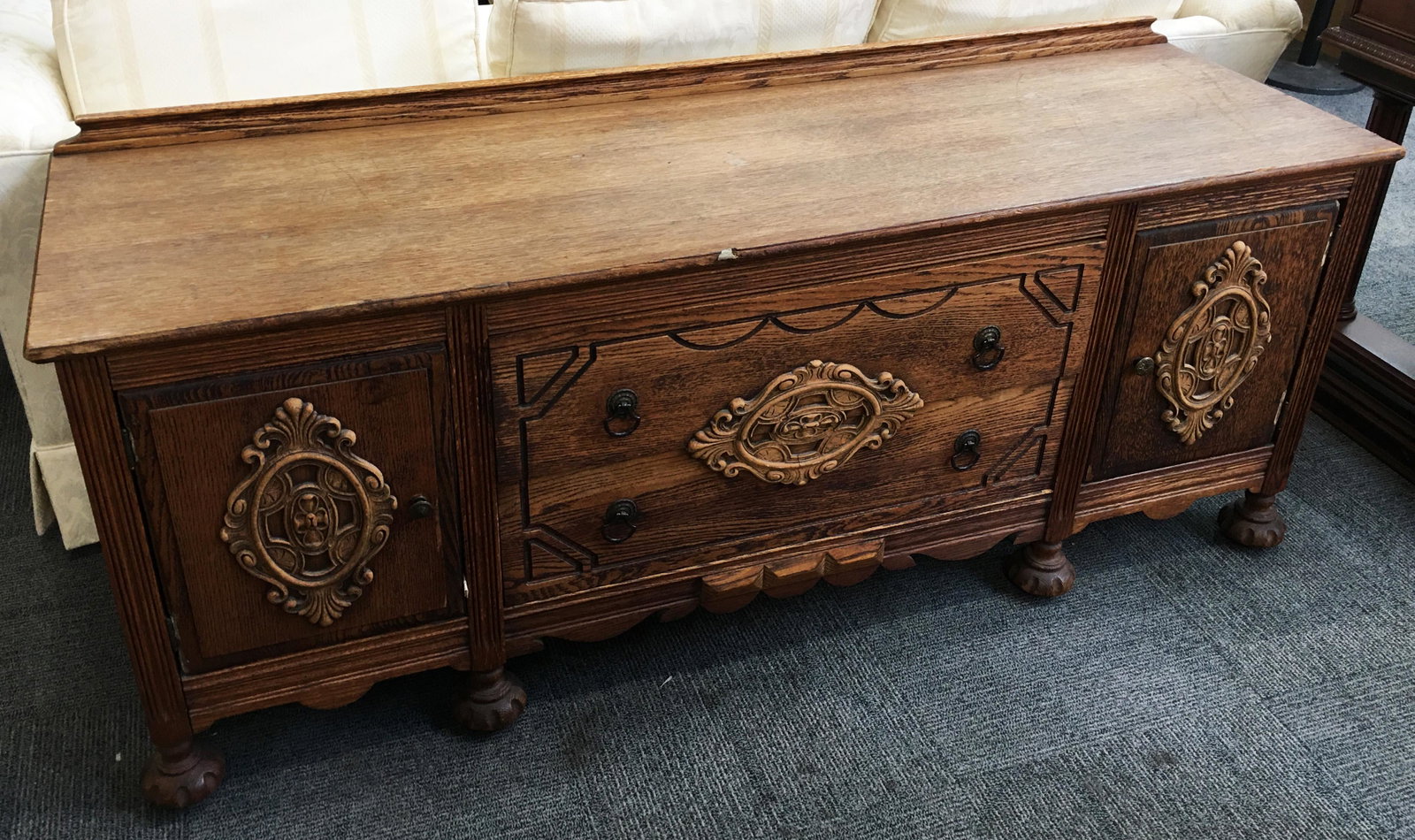 Oak Buffet - As Is, with Cut off Legs.: Also with Some Wear and Wood-Filled Areas. Measures 26" Tall, 66" Wide, and 20" Deep. Third-Party Shipping Required.