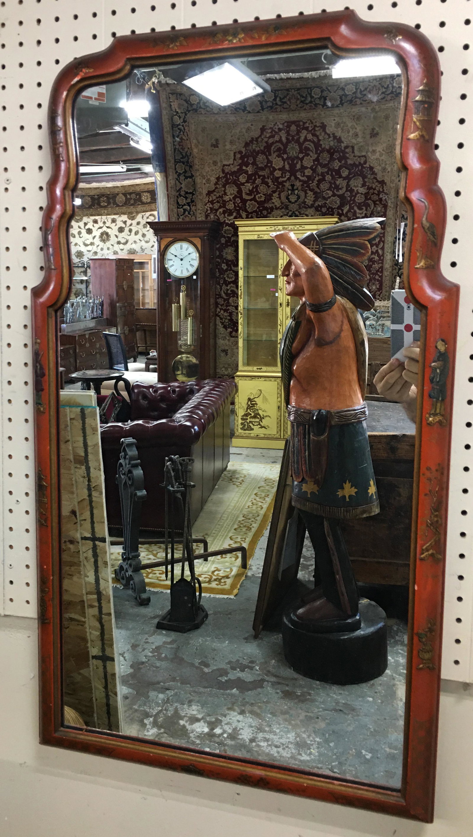 Oriental Hand-Painted Mirror w/Figures.: Measures 36 1/2" Long by 20" Wide. There is Some Damage to the Edges of the Mirror. Third-Party Shipping Required.