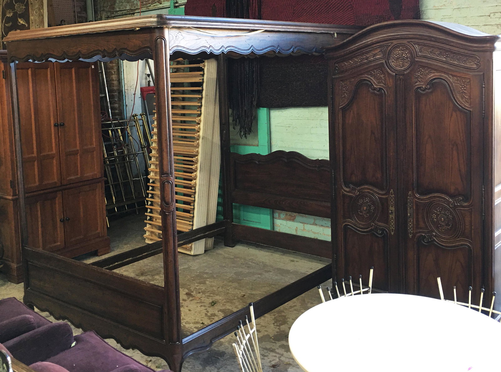 Henredon Armoire and Matching Canopy Bed.: Bed Size is 62" Wide by 86' Long. Third-Party Shipping Required.