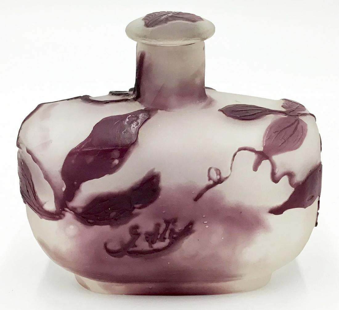 Sgd. Galle Perfume Bottle.: May be a Repro, we are not Sure. Look at the Photos and Decide for Yourself, as we are not Experts. There is a 1/2" Long Crack in the Neck. Bottle Measures 3 7/8" Tall and 4 1/4" in Width.