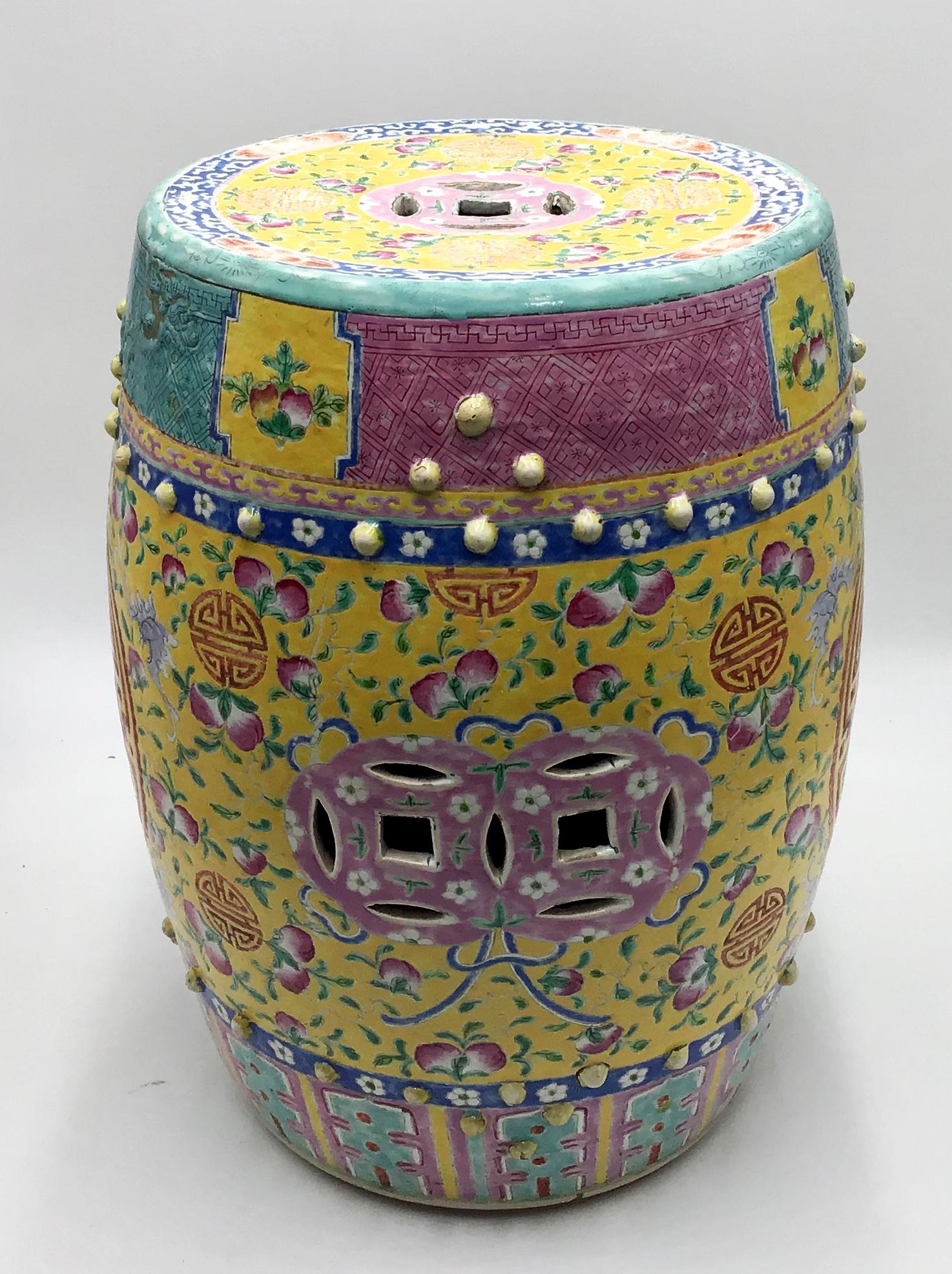Chinese Painted Clay or Terra Cotta Garden Seat.: With Bats, Chinese Symbols, and Petal Designs. Has Some Wear and a Small Crack on the Top. Measures 18" Tall.