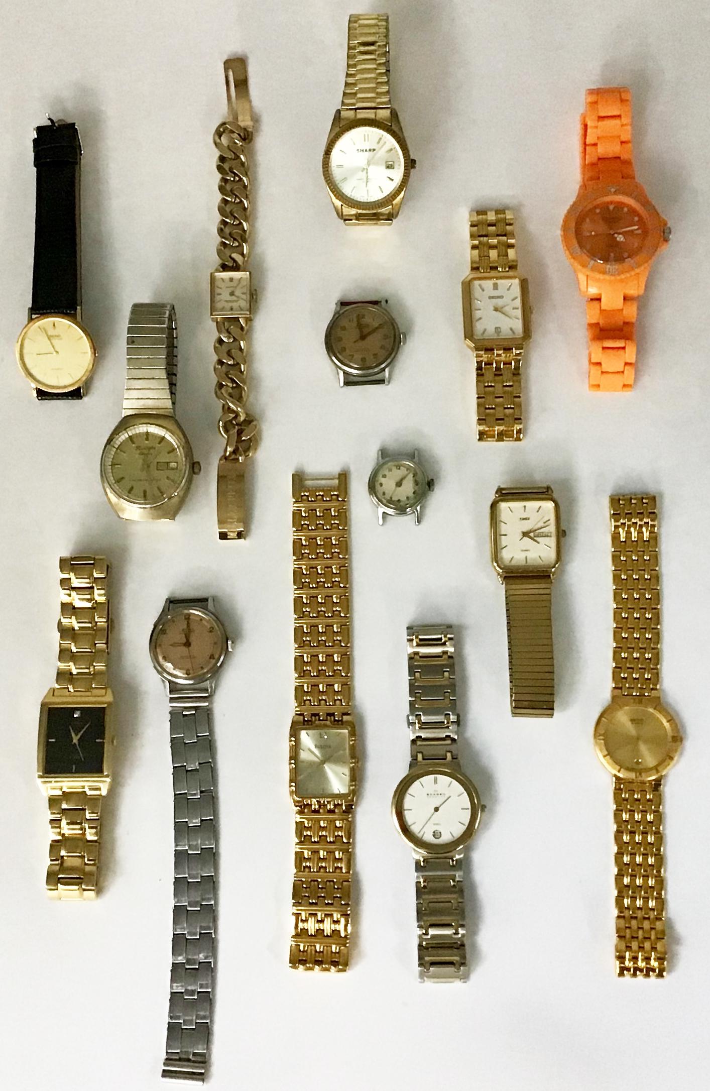 Lot of Asst. Watches, Mostly Men's.: Vintage and Contemporary. Includes: Two Minervas, a Tiny Vintage Timex, a Mayfair, a Remington Electra 17, a Sharp, a Figaro Orange Plastic Watch, a Guess Steel, a Bulova, a Skagen, a Contemporary Tim