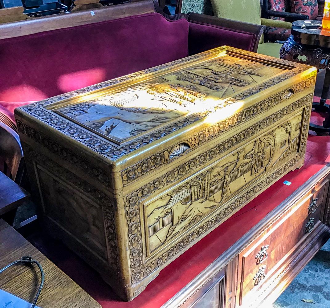 Carved Asian Camphor Trunk.: Measures 35" Wide, 16" High, and 16 3/4" Deep. Has Minor Wear. Third-Party Shipping or Pickup Required.