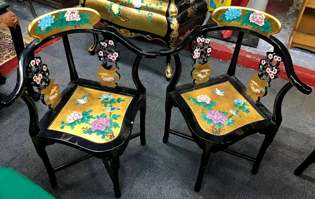 Pr. of Oriental-Style Lacquer Corner Chairs.: Hand Painted. These have a Little Wear. One has a Large Paint Spot Missing. Third-Party Shipping or Pickup Required.