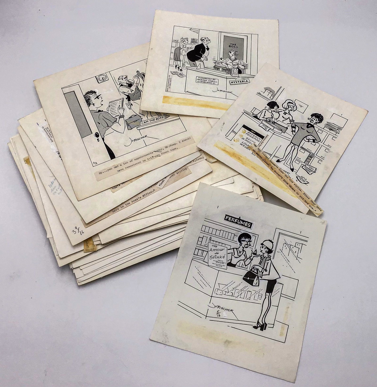 Lot of Original Cartoon Drawings by Jo Fischer.: Vintage Pieces. Most of the Pieces Measure 6 3/4" x 6 3/4". There has to be Around 80 or so of these in a Giant Stack.
