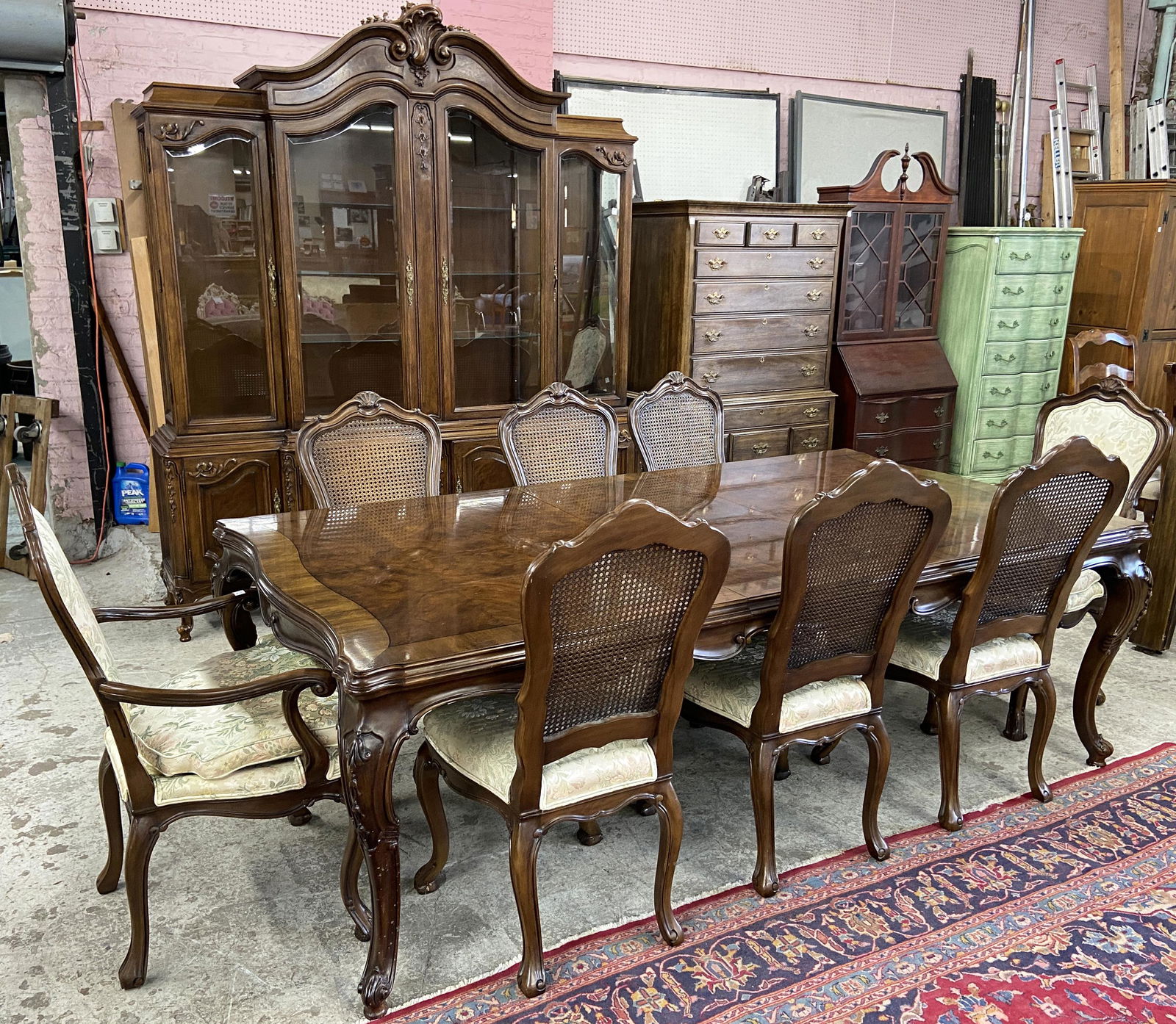 10 Pc. French Style Sgd. Karges Dining Room Set.: Consists of a Burled Wood Dining Table, 8 Chairs, China Cabinet with Bevelled Glass, and Three Leaves. The Table Measures 72" x 46 1/2". Each Table Leaf adds 20" of Length to the Table. Table is shown