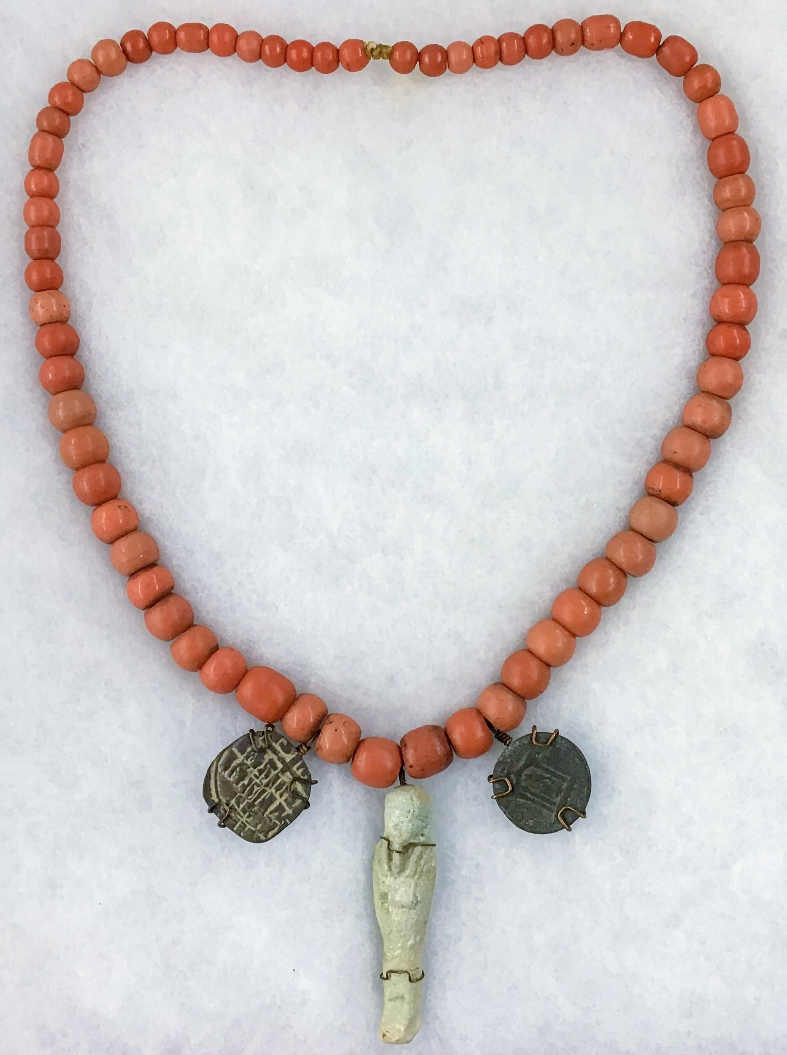 Egyptian Ushabti Pendant & Greek Coin Necklace.: The Greek Coins are Ancient Bronze Coins. The Ushabti Pendant Measures 2 3/4" Long. The Necklace Portion is Made of Old Glass Beads, and Measures 26" Long.