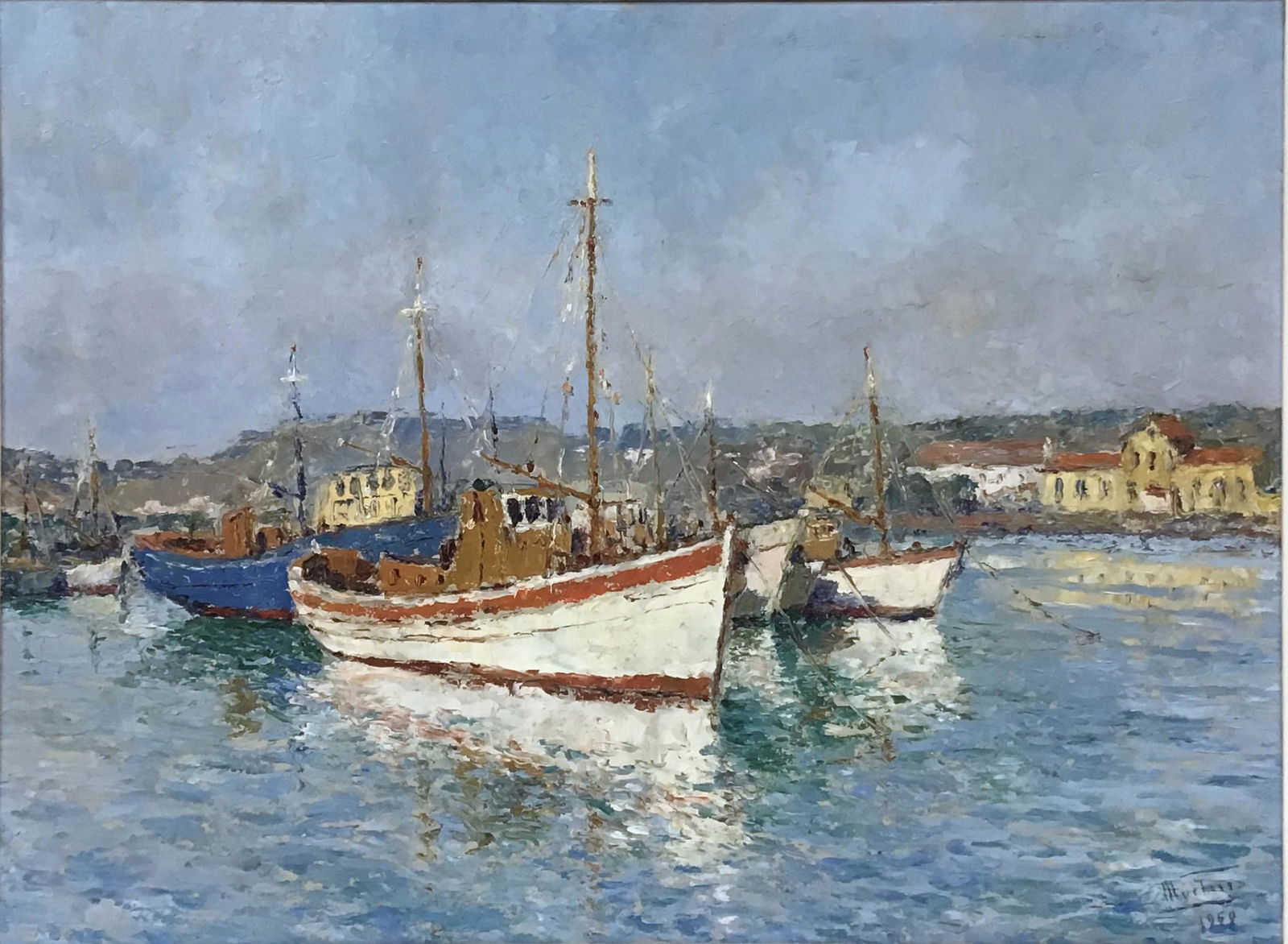 Lg. Painting of Boats in Harbor, Artist Unknown.: Oil on Masonite. Signed Lower Right. Dated 1958. Measures 23 1/2" x 32". Third-Party Shipping Required.