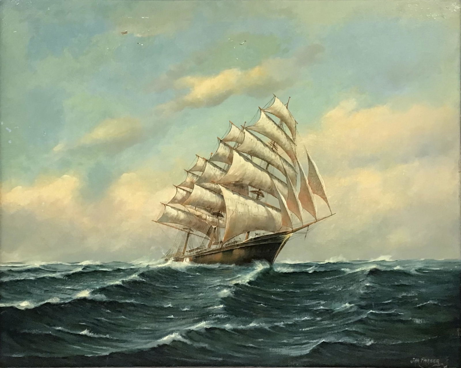 James Fraser Painting of Clipper Ship on the Sea.: Oil on Canvas. Signed Lower Right. Measures 24" x 30". Has some Paint Loss and Crackling in the Upper Portion. Third-Party Shipping Required.