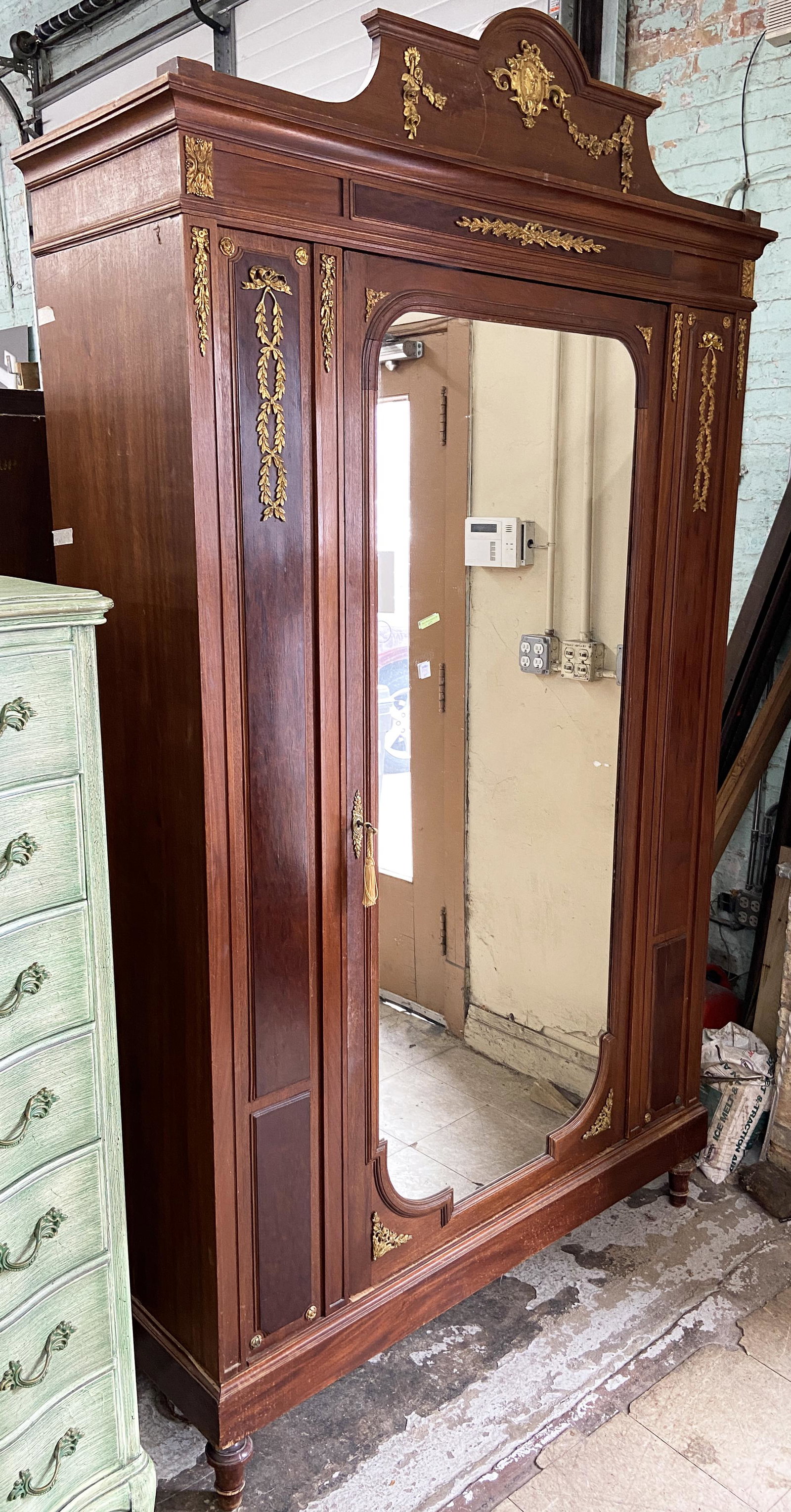 Antique French Mirrored Cabinet w/Shelves Inside.: Measures 54" Wide and 97" Tall. Third-Party Freight Shipping or Personal Pickup Required.