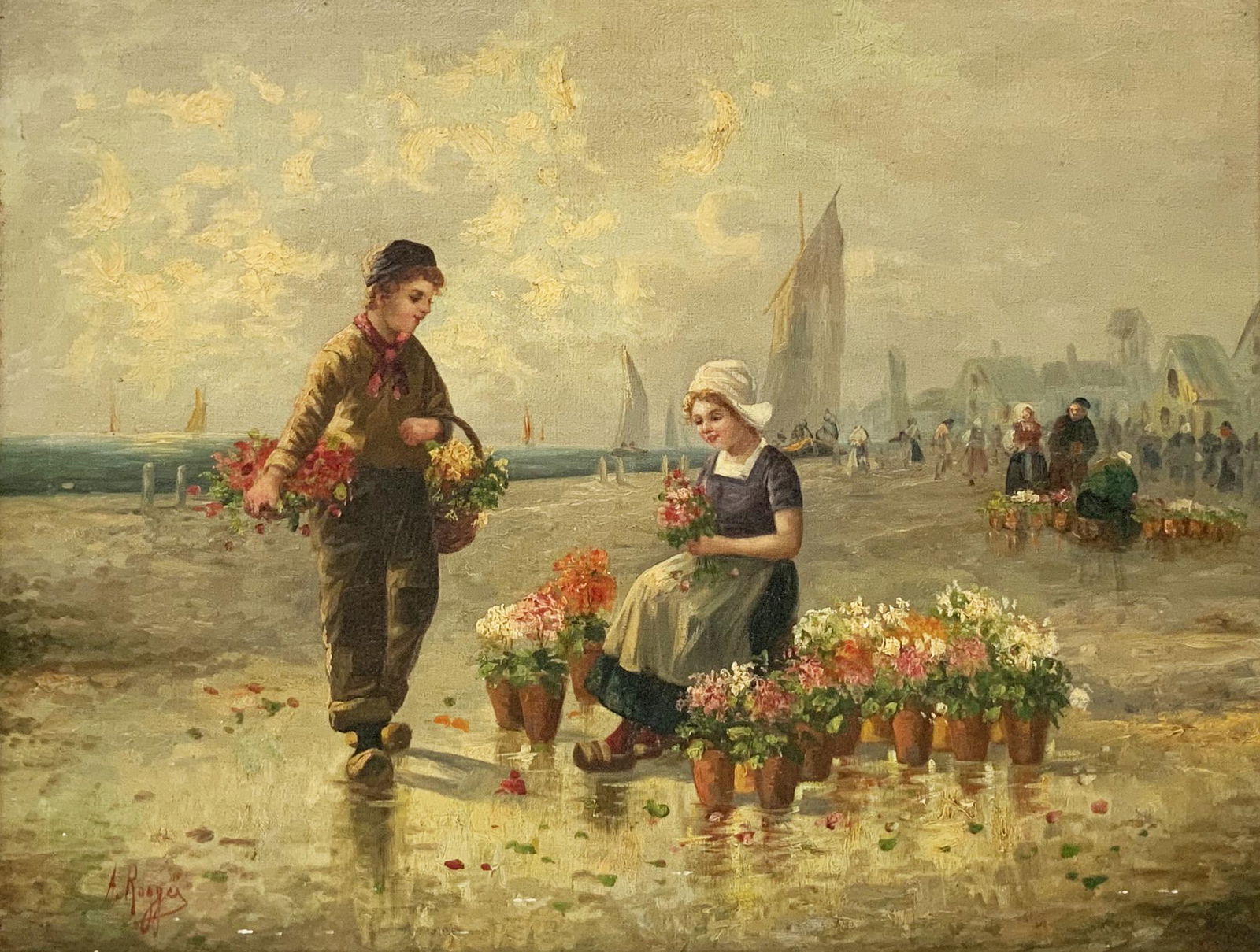 19th Cent. Dutch School Painting of Flower Seller.: Oil on Canvas. Signed Lower Right "A. Rogger". Oil on Canvas. Measures 16 3/4" x 20 3/4". Third-Party Shipping Required.