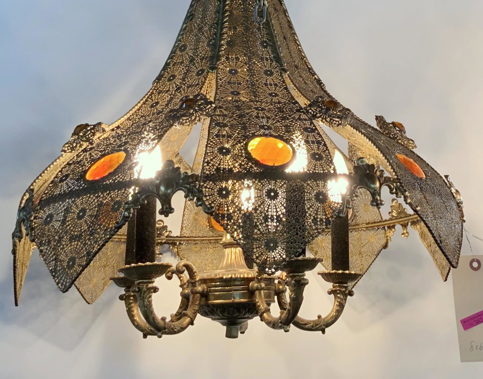Unusual Brass Light Fixture w/Amber Glass Jewels.: Measures 21" in Diameter and 25" Long. Third-Party Shipping Required.