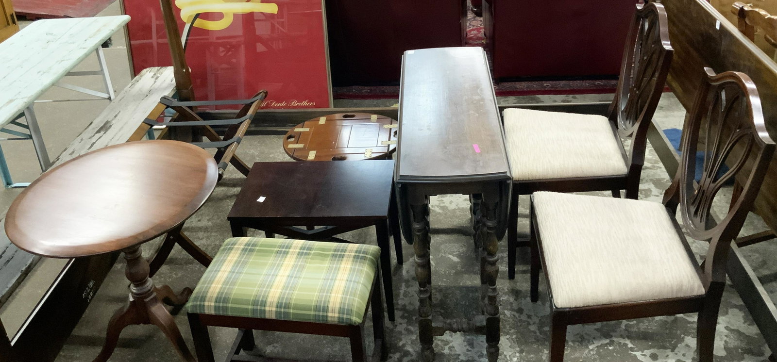 Lot: 8 Pcs.: Asst. Furniture.: Consists of a Gateleg Table, Small Tables, Two Shield-Back Chairs, Luggage Stand, etc. Third-Party Freight Shipping or Personal Pickup Required.