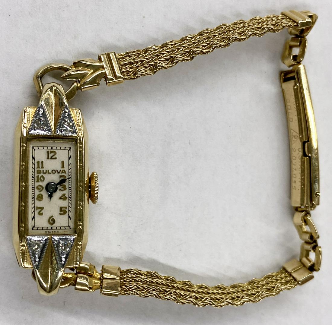 Art Deco Gold-Filled Bulova Ladies' Watch.: With 4 Tiny Diamonds. It Ticks. Watch Head Measures 1 3/16" Long and 3/8" Wide. On a Gold-Filled Band. The Band is tiny, only 5" Long. It has a Vintage Personalized Engraving on the Back - "Al to Rivy