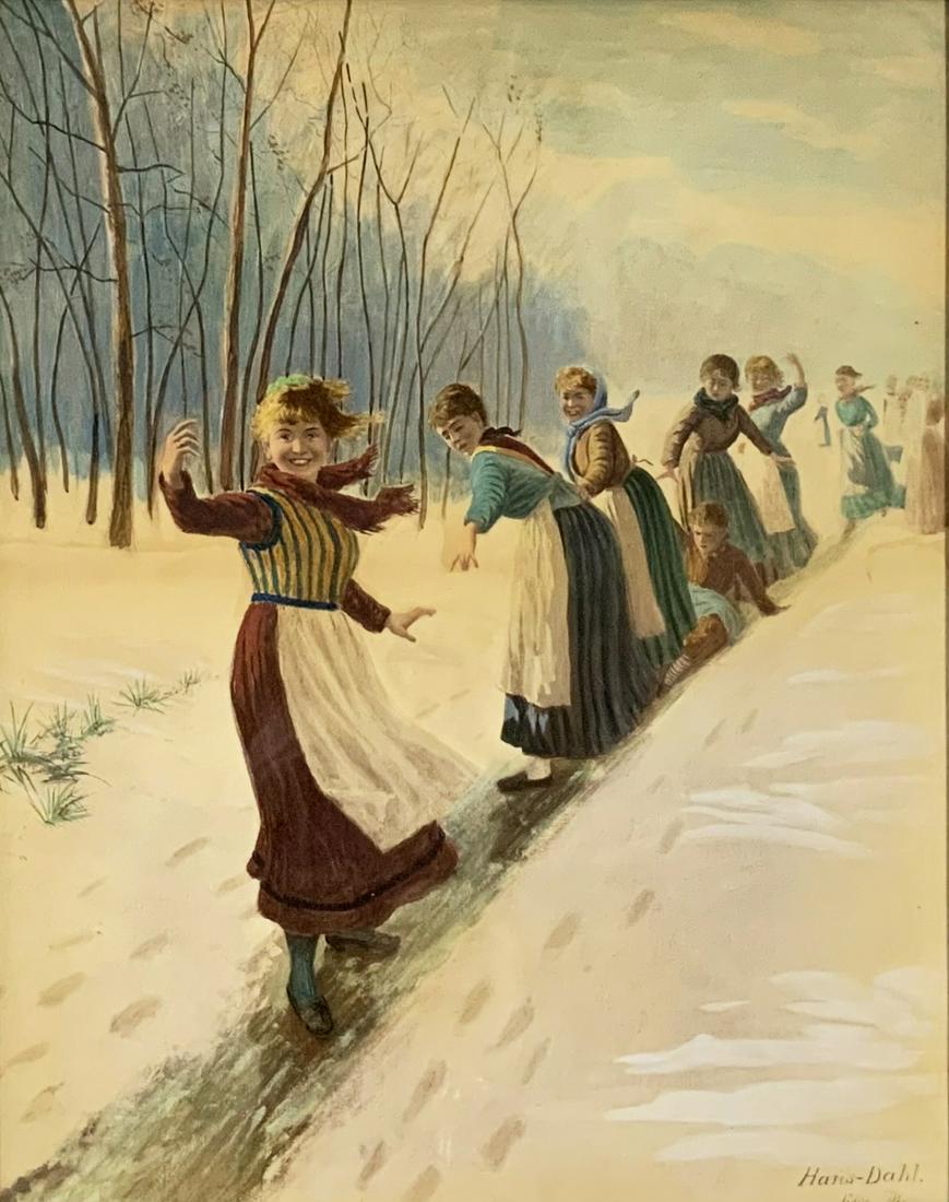 Hans Dahl Watercolor / Gouache of Girls in Winter.: Signed Lower Right. Dated 1880. In a Victorian Frame. Measures 18" x 14". Third-Party Shipping Required.