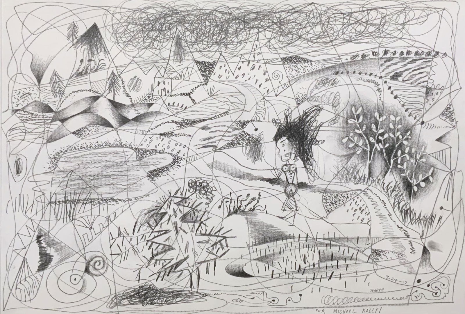 David Sharpe Pencil Drawing of Woman in Landscape.: Signed and Dated 2017, Lower Right. Personalized "For Michael Kelly!" Measures 13" x 19 1/2". From the Michael Kelly Estate. Third-Party Shipping Required.