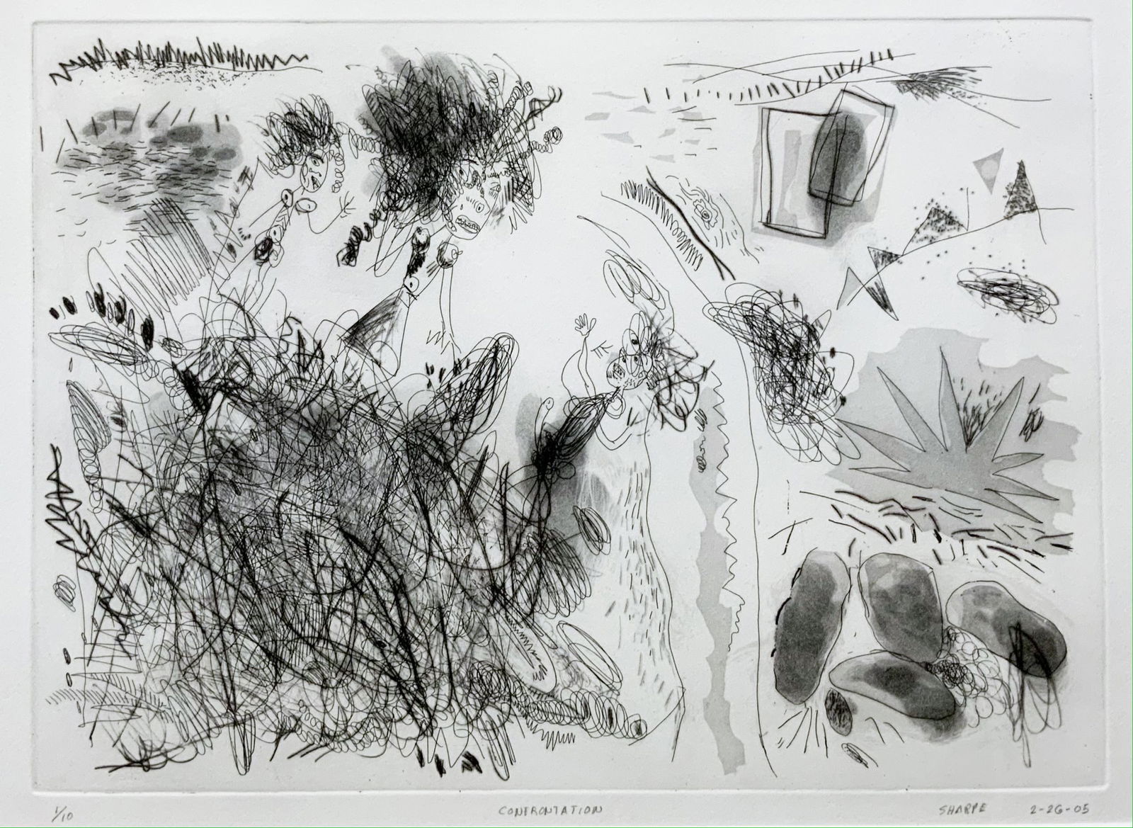 Abstract Etching by David Sharpe, "Confrontation".: Signed and Dated 2-26-05, Lower Right. Numbered 1/10, Lower Left. Measures 10" x 13 3/4". From the Michael Kelly Estate. Third-Party Shipping Required.