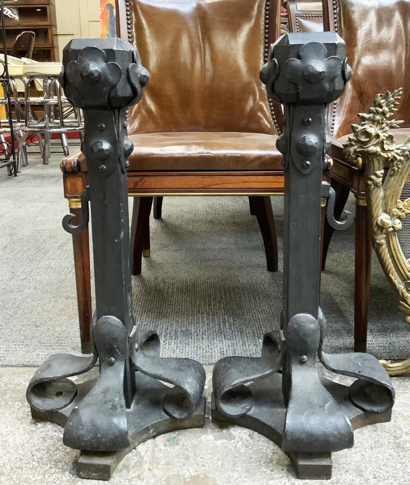 Pr. Cast & Wrought Iron Andirons.: apprx. 24" ht. apprx. 31 lbs each. Third-Party Shipping or Personal Pickup Required.