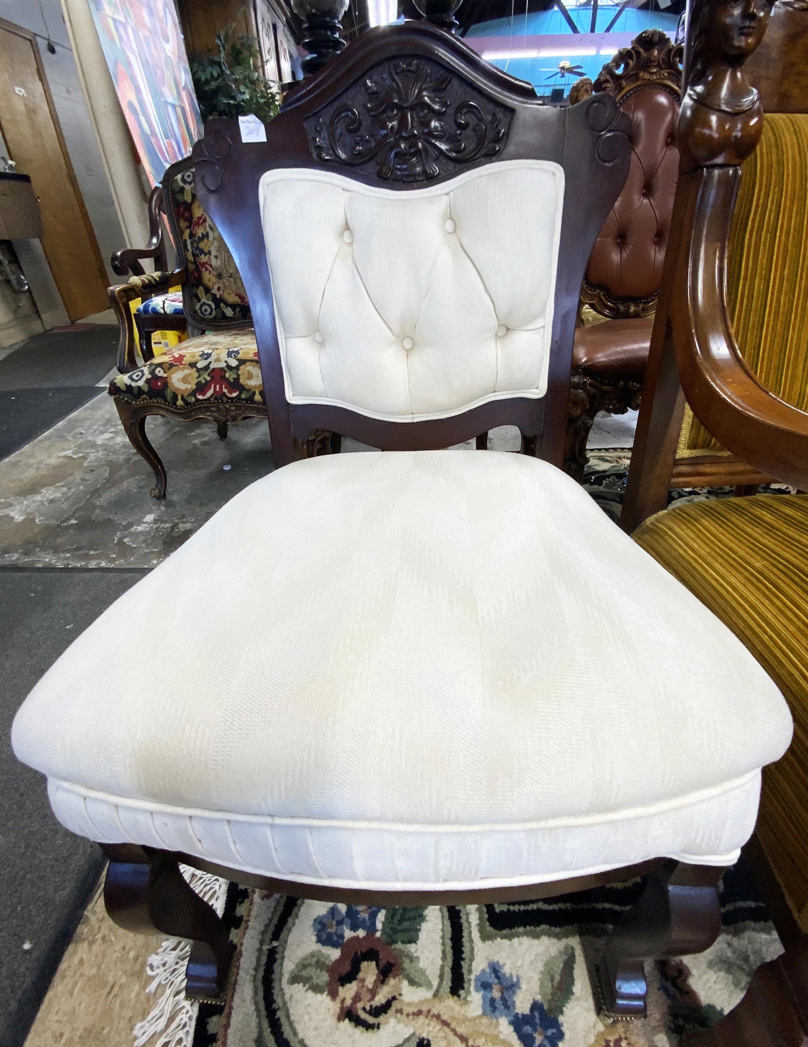 Chair with Carved North Wind Face Back.: A Straight-Back Chair. Third-Party Freight Shipping or Personal Pickup Required.