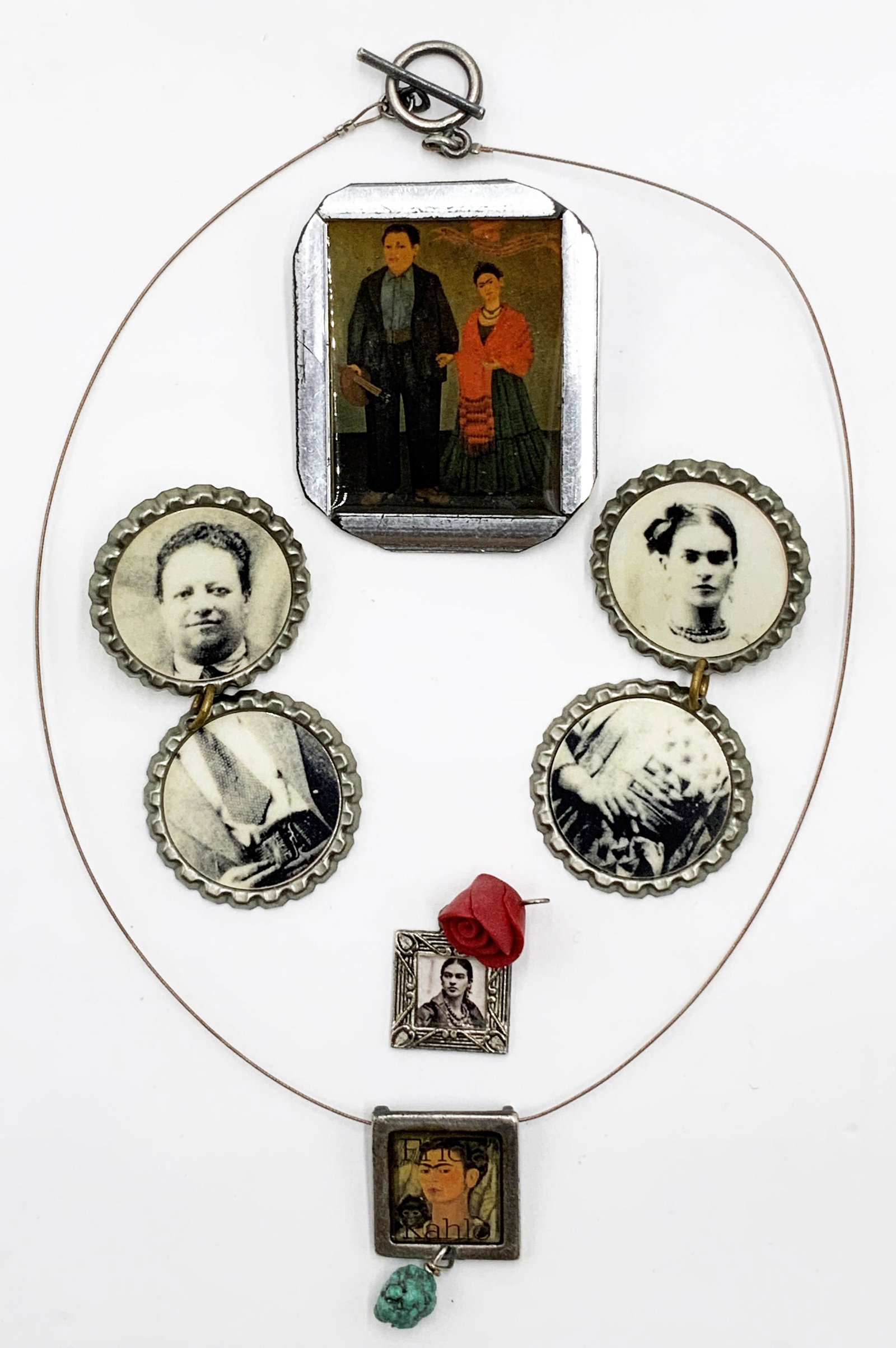 Lot of Asst. "Old Photo" Jewelry.: A Pair of Earrings, Pin, Frida Kahlo Necklace, and Pendant.