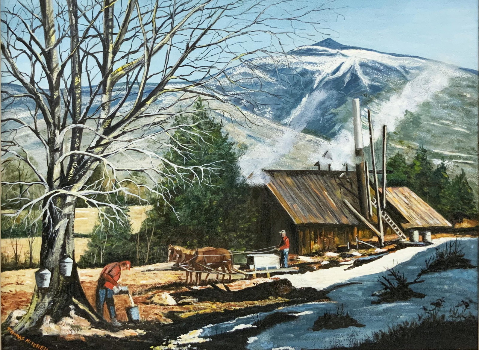 Painting by Thomas Mitchell, "Sugaring in Vermont": Signed Lower Left, also Inscribed with Title en Verso. Oil on Board. Measures 24" x 32". Third-Party Shipping Required.