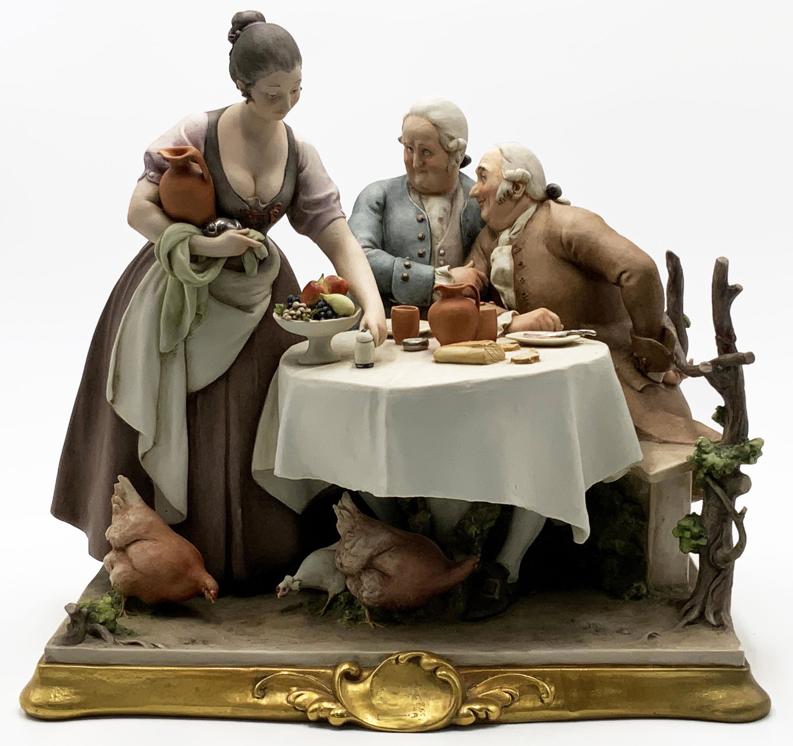 Large Signed Italian Figural Grouping.: Of a Busty Woman Serving Two Men a Meal, with Chickens Below. Measures 15" Tall and 16" Wide. The Front Standing Log has been Repaired, Badly. Figure is Signed R.C. Gelle? in the Back. Third-Party Shi