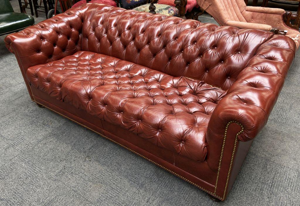 Hancock & Moore Leather Chesterfield Sleeper Sofa.: Measures 77" Wide. The Mattress is Quite Nice, almost Like Sleeping on a Real Bed! The Leather on the Cushion has been Torn Apart and Needs Re-sewing, but it Looks Like it is All There and Intact. Oth